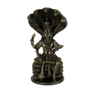 Bronze Finish Vishnu Sitting On Shesha Holding Weapons and Lotus Statue